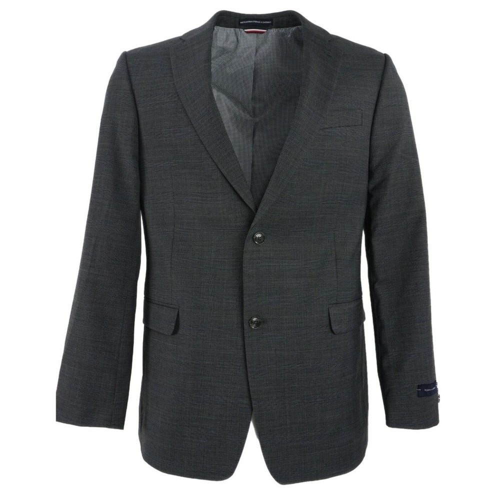 New 295$ Tommy Hilfiger Men 40R / 40L Gray Blue Check Wool Notch 2 Button Blazer
